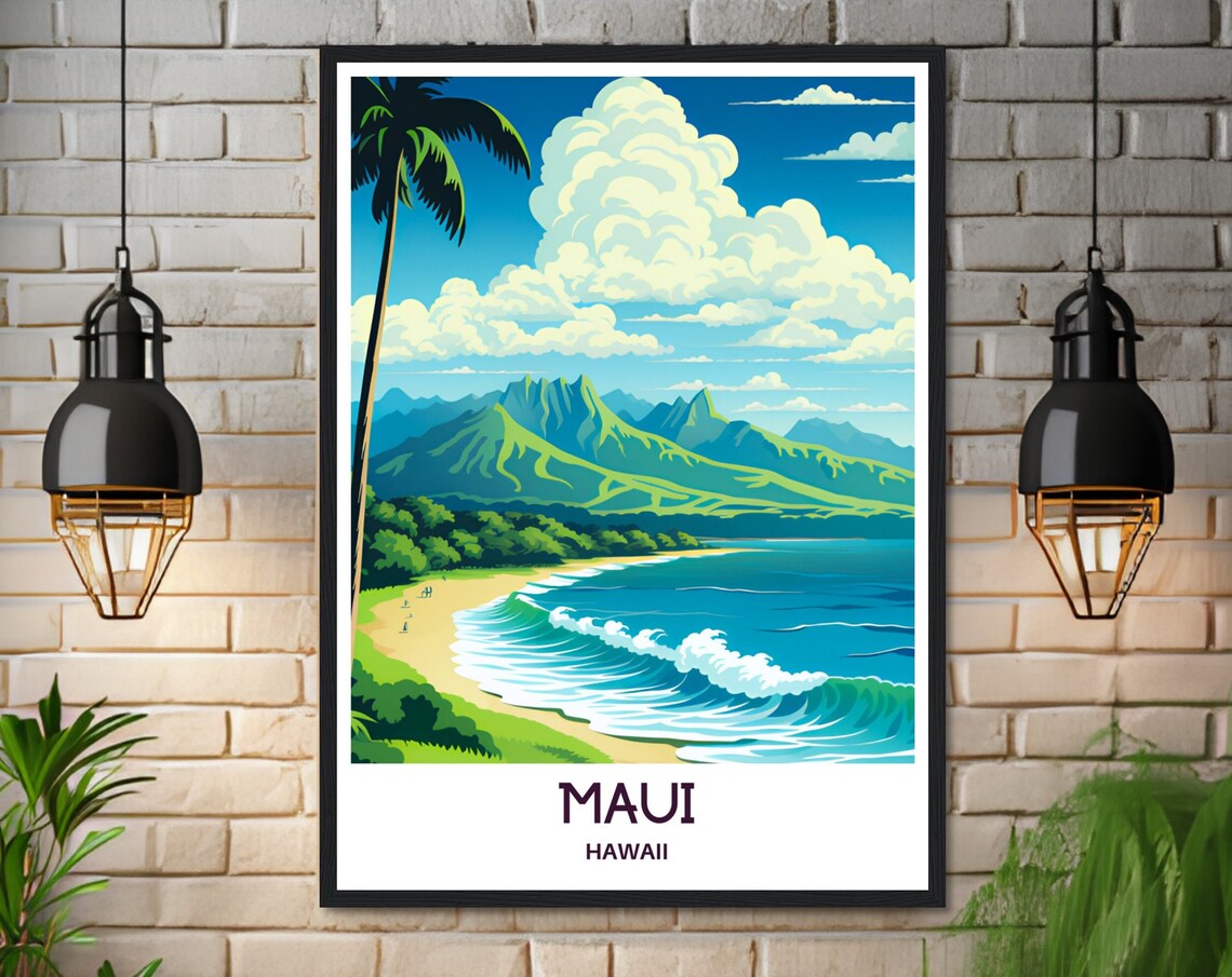 Maui Hawaii Tropical Beach Crashing Waves Mountain Coast Poster - Image 3