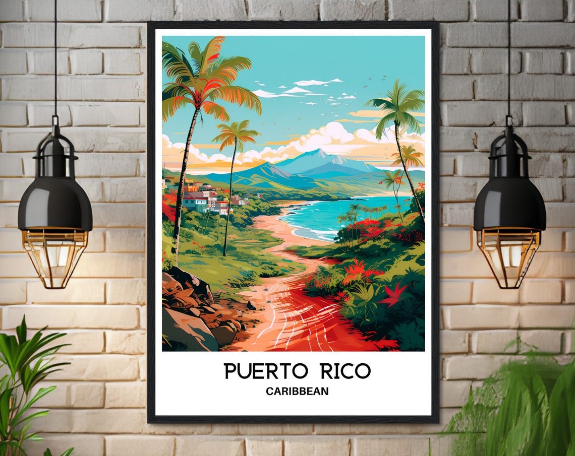 Puerto Rico Caribbean Tropical Beach Palm Trees Ocean Travel Poster - Image 3