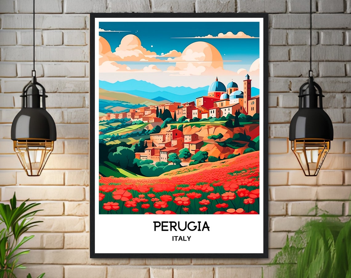 Perugia Hilltop Town Red Poppies Umbrian Italy Travel Poster - Image 3