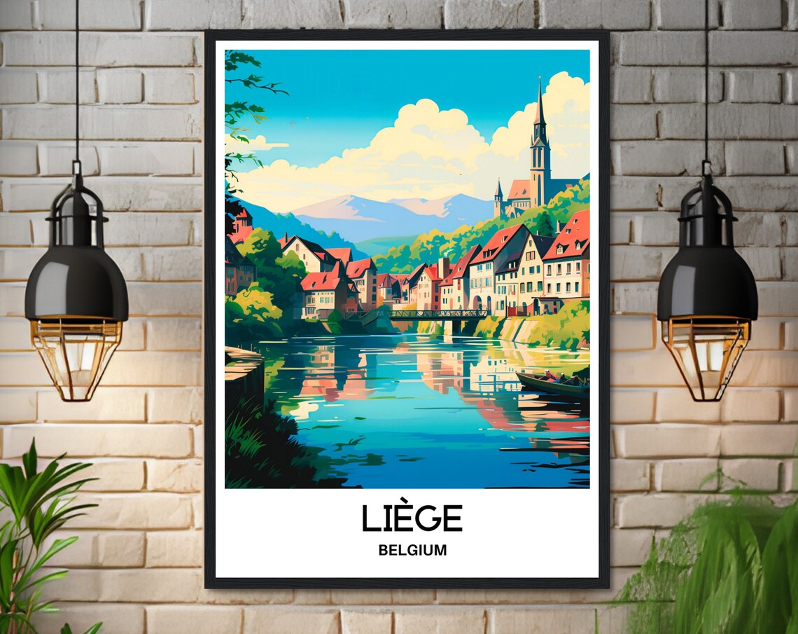 Liege Riverside Old Town Watercolor Belgian City Travel Poster - Image 3