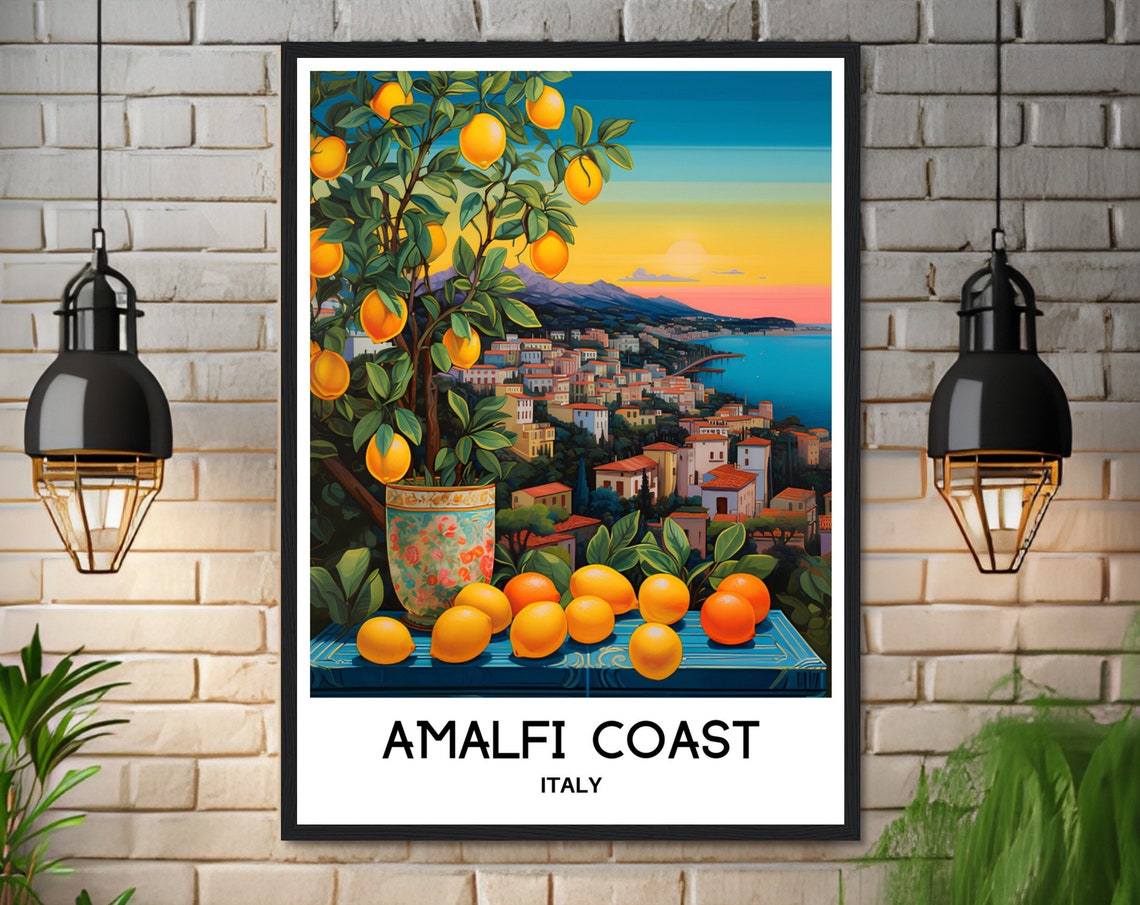 Amalfi Coast Italy Lemon Trees Over Sunset Seaside Town Travel Poster - Image 3