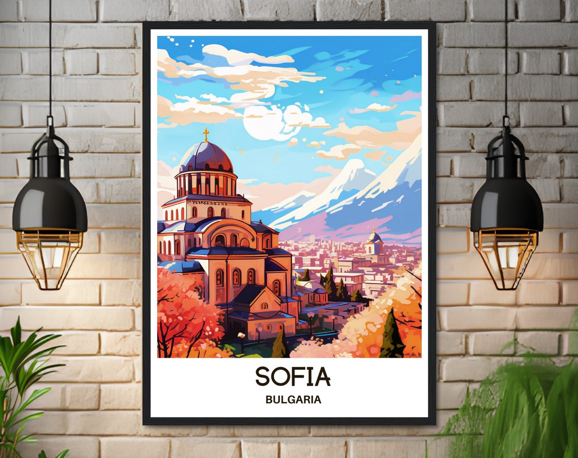 Sofia Bulgaria Cathedral With Snow Capped Mountain Travel Poster - Image 3