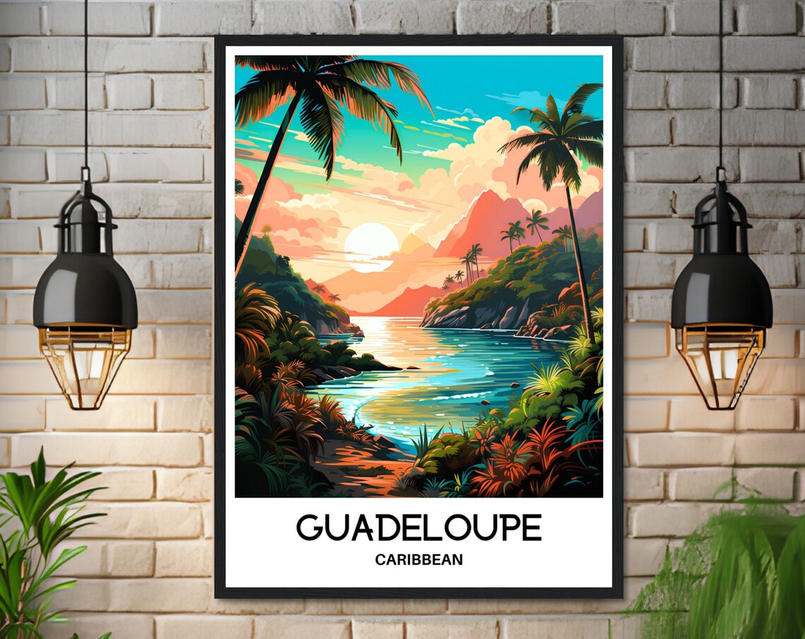 Guadeloupe Caribbean Island Sunset Beach Palm Trees Travel Poster - Image 3