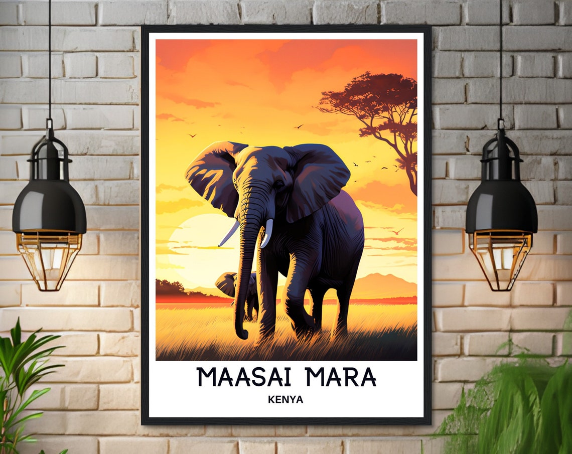 Maasai Mara Kenya Elephant Golden Sunset Safari Travel Poster - Image 3
