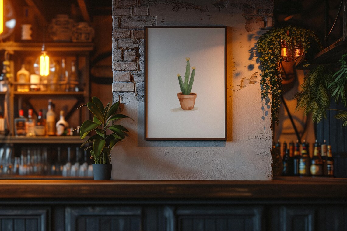 Tall Green Cactus Watercolor in Terracotta Pot Botanical Art Print
