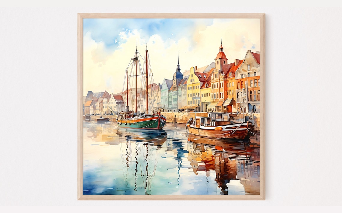 Copenhagen Harbor Nyhavn Colorful Houses Sailboat Watercolor Poster
