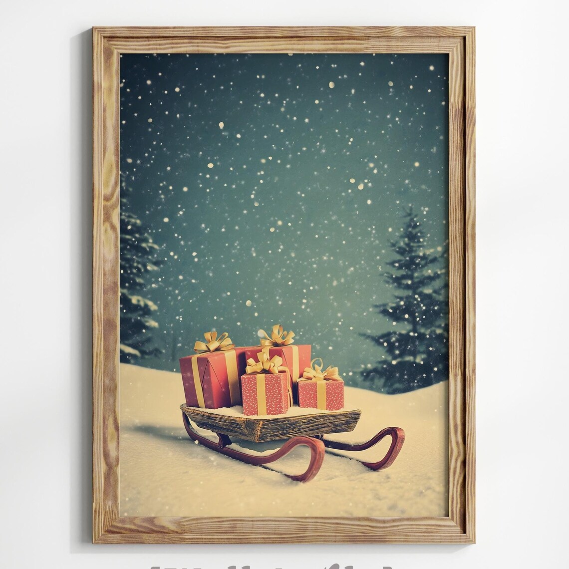Antique Wooden Sleigh Red Gifts Snowfall Christmas Night Poster