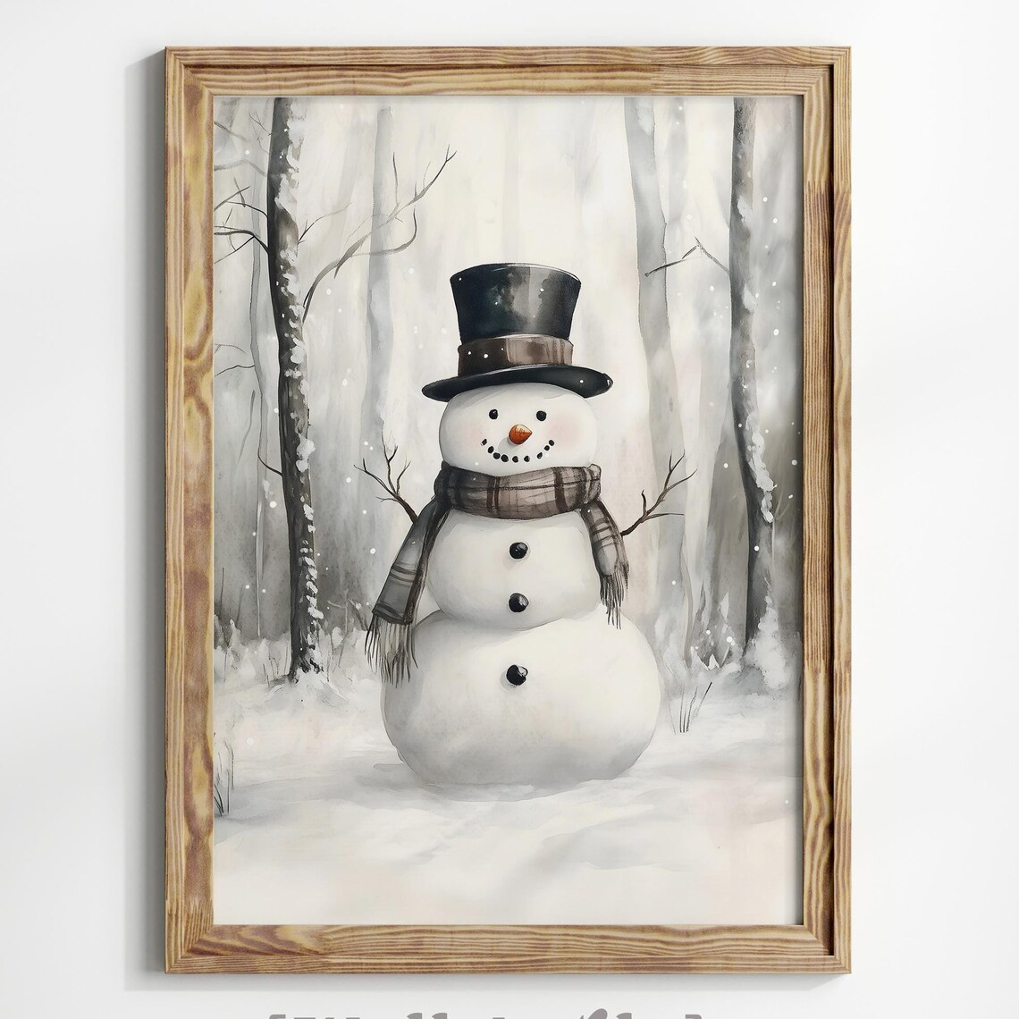 Snowman In Birch Forest Winter Watercolor Holiday Art Poster