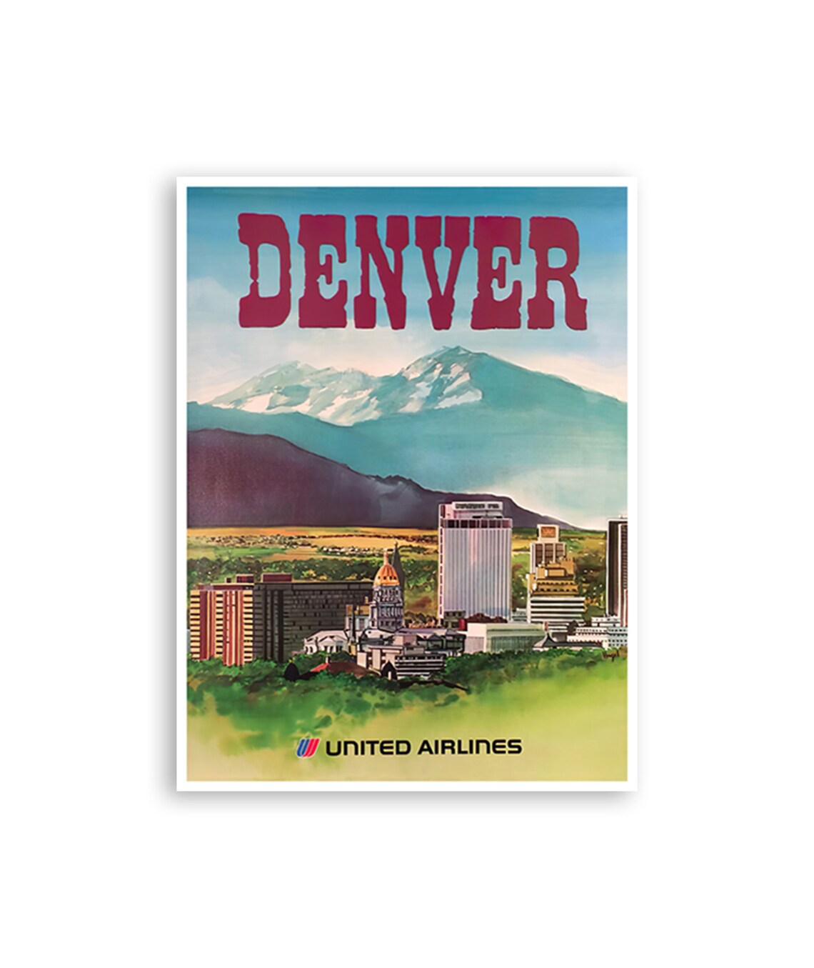 Denver United Airlines Skyline Capitol Dome Mountain Vintage Poster