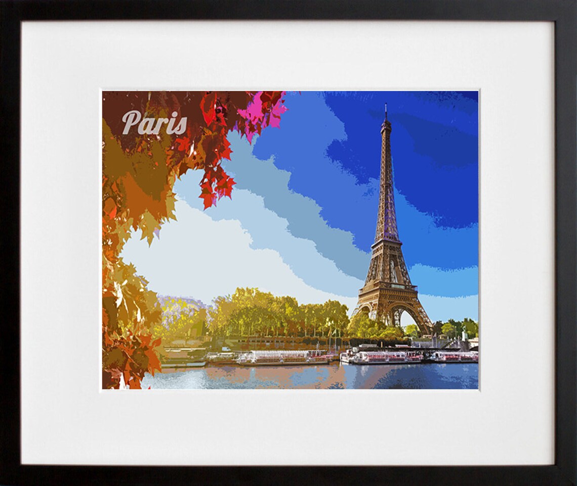 Paris France Eiffel Tower Autumn Leaves Seine River Boats Art Poster - Image 2