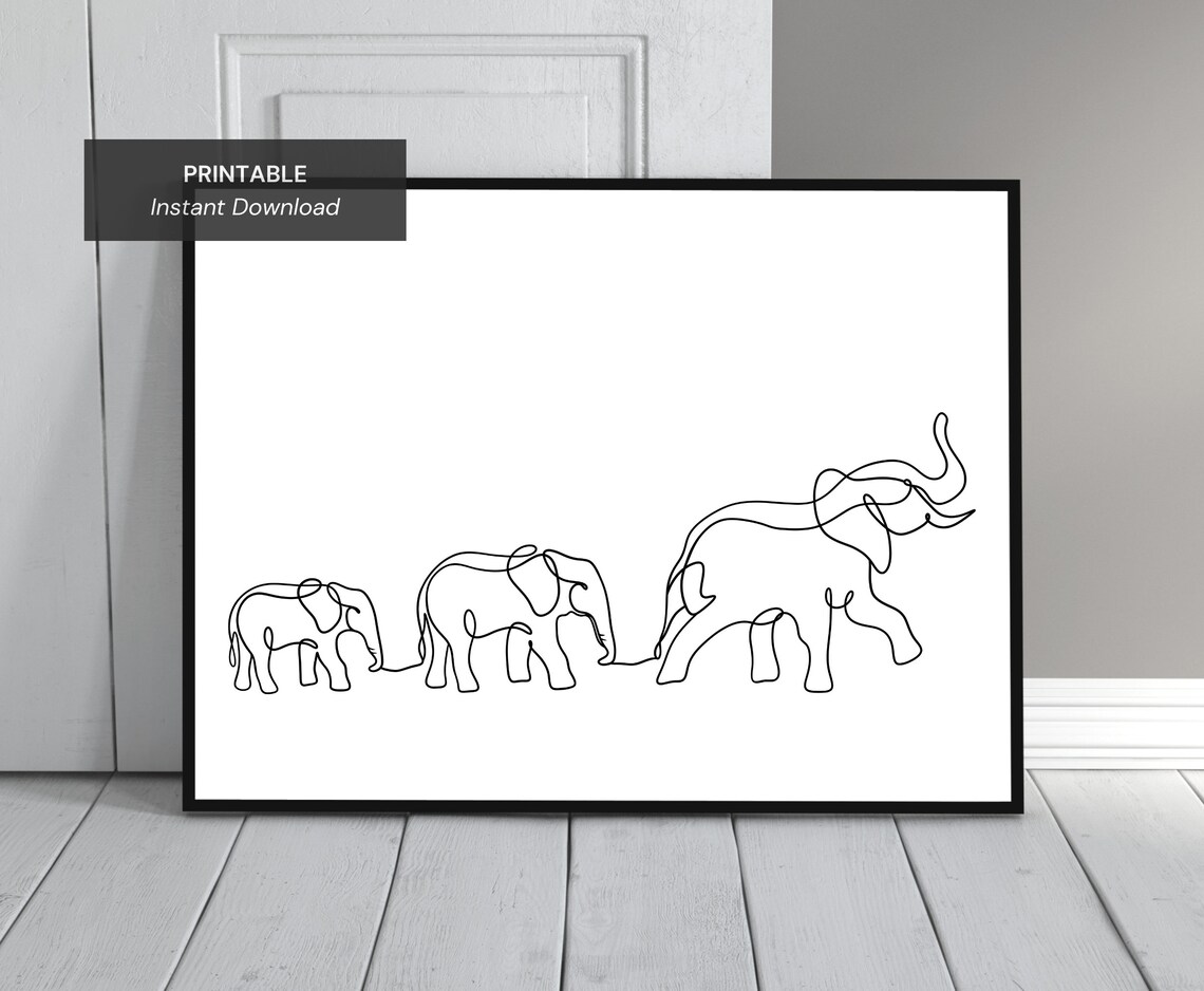 Three Elephants Line Art, Minimalist Animal Design