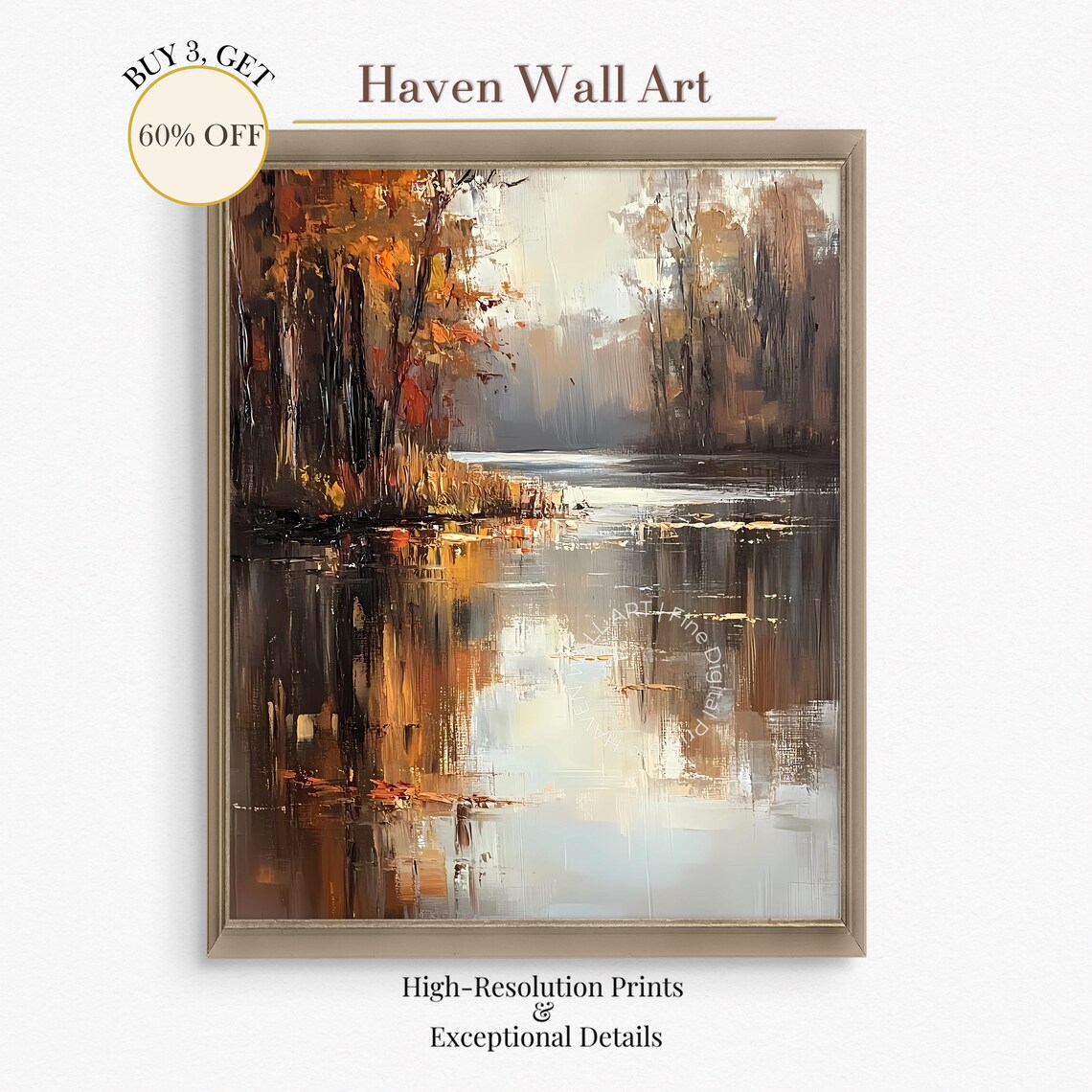 Dark Autumn Lake Reflection Abstract Textured Impasto Oil Wall Art