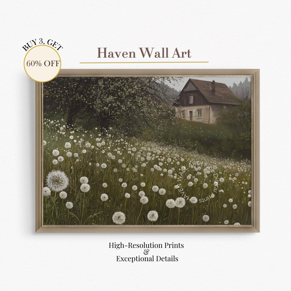 White Dandelion Field Rustic Cottage Misty Vintage Landscape Poster