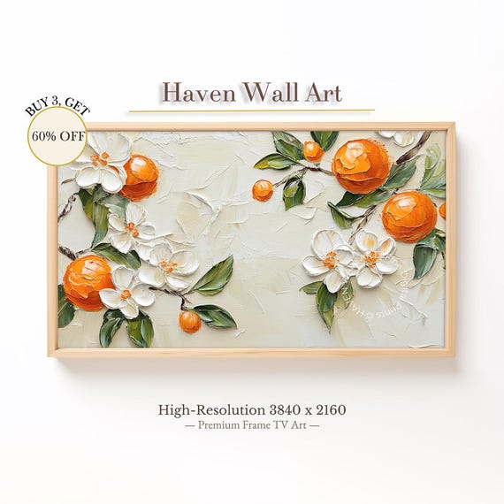 Orange Blossom Frame Tv Art Summer Citrus Oil Painting For Samsung Fruit Floral Tuf091