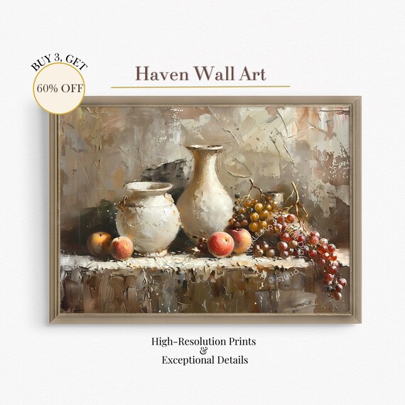 Rustic Harvest Still Life Fruit and Pottery Impasto Oil Painting Wall Art