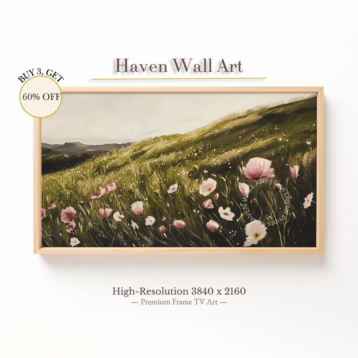 Pink Poppies Wildflower Meadow on Green Hill Vintage Scenic Poster