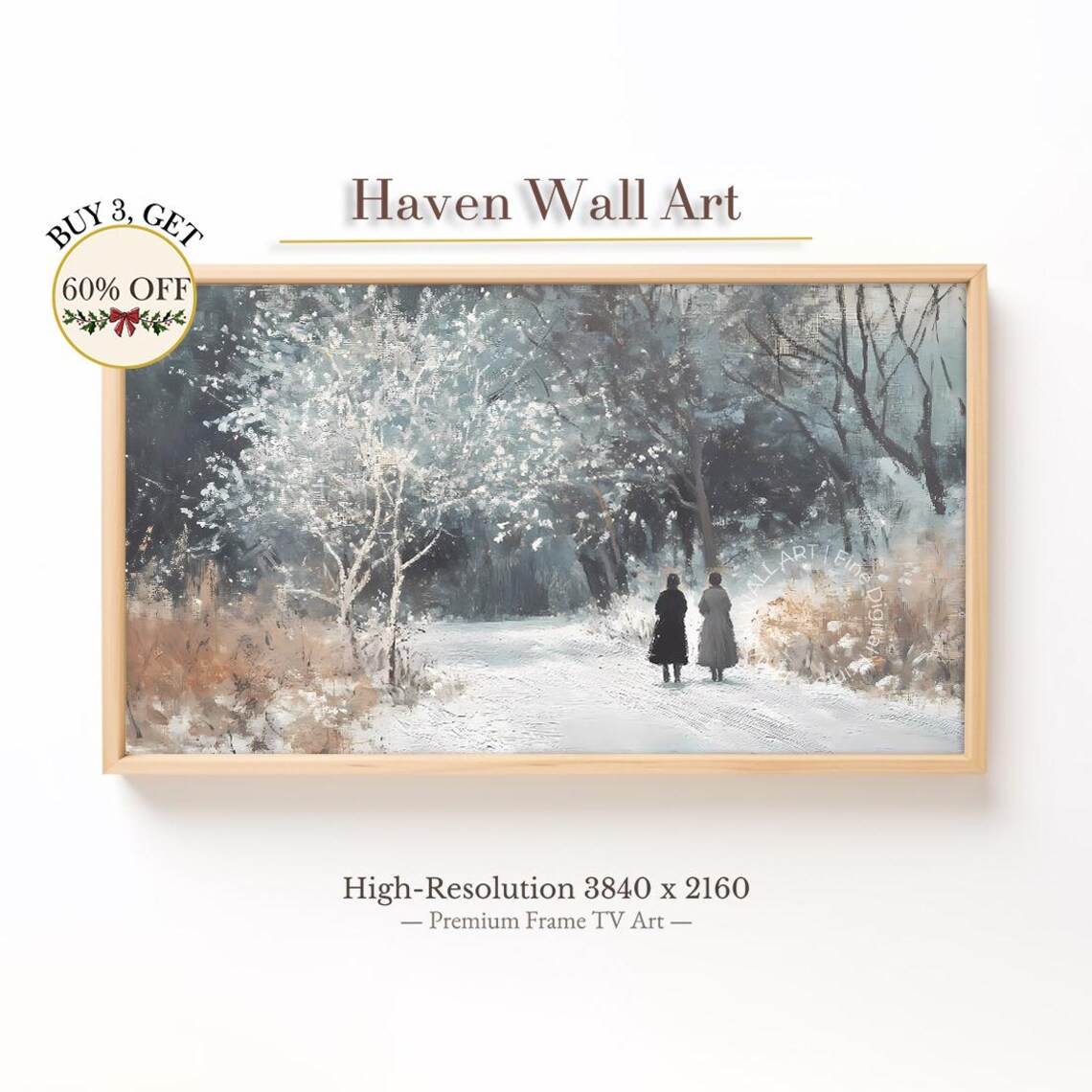 Snowy Forest Path Two Walkers Winter Impressionist Painting Poster