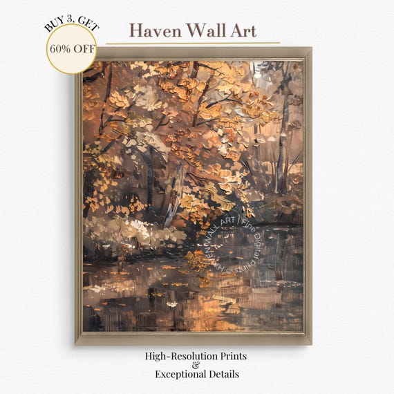 Moody Autumn Forest Reflection Dark Rustic Wall Art Textured Oil Brush Landscape For Cozy Fall Decor Pal143