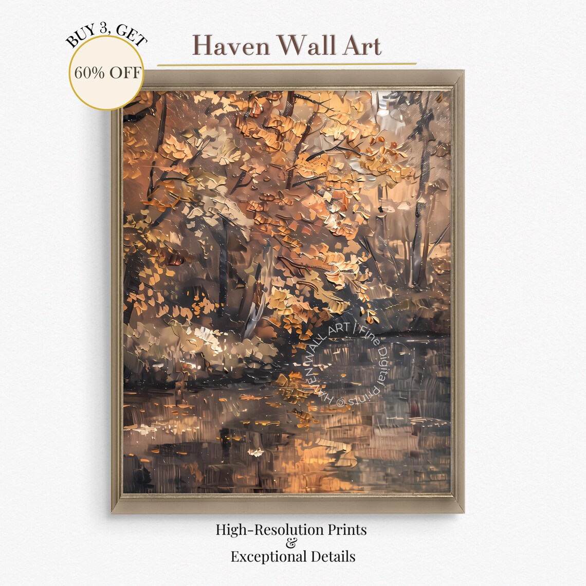 Impasto Autumn Trees Dark Pond Painting Moody Palette Knife Art Poster