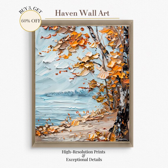 Golden Birch Trees Autumn Lake Impasto Oil Painting Fall Colors Poster