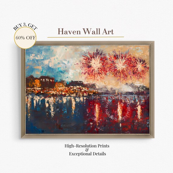 Coastal Fireworks Celebration Vibrant Seaside Night Festive Art Poster