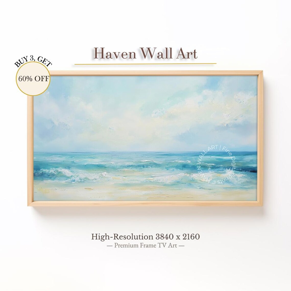 Pastel Beach With Turquoise Waves Soft Coastal Ocean Painting Poster