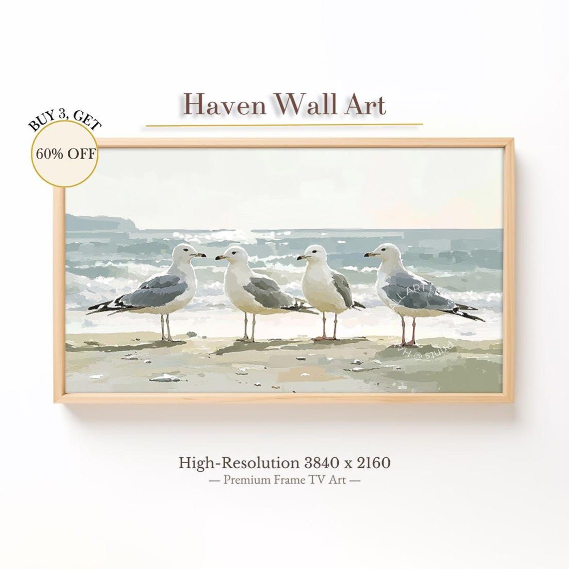 Four Seagulls On The Shore Coastal Impressionist Animal Art Poster