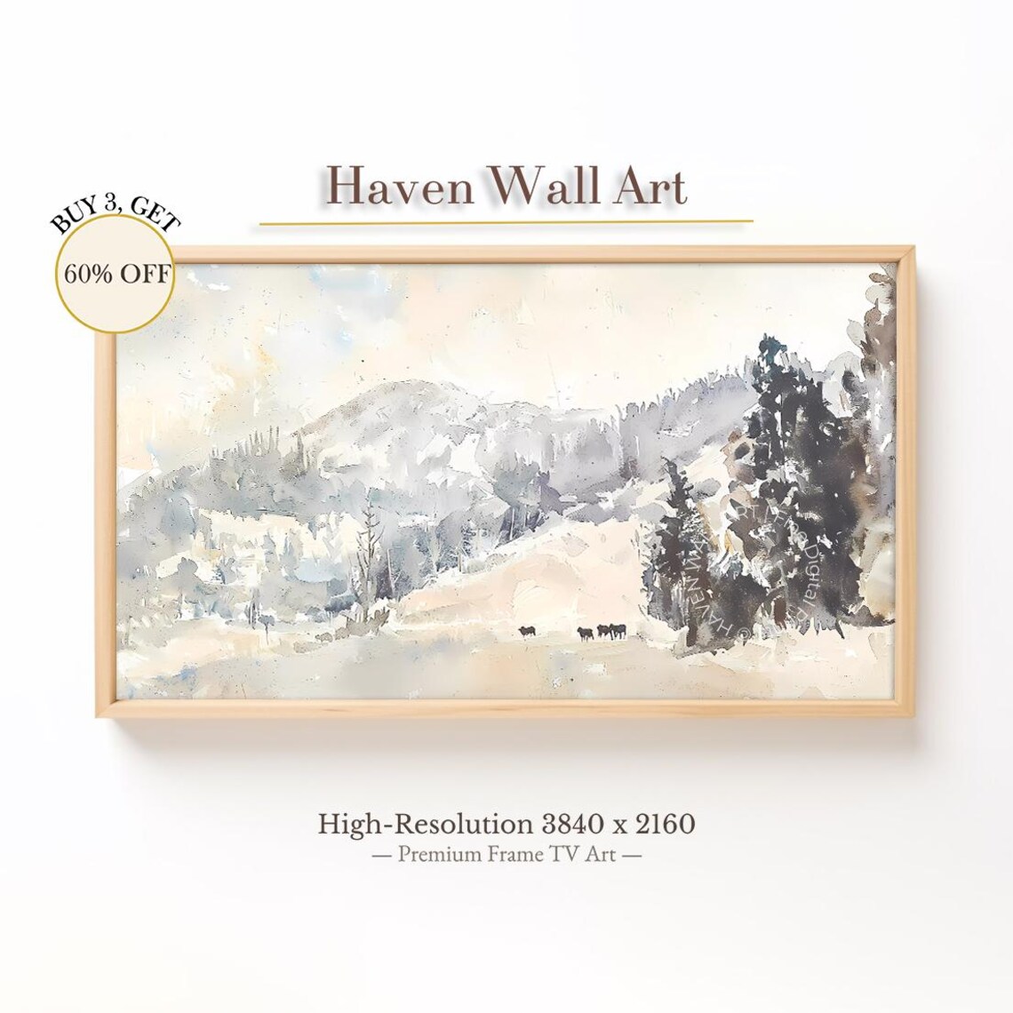 Watercolor Snowy Mountain Valley Cattle Winter Landscape Poster