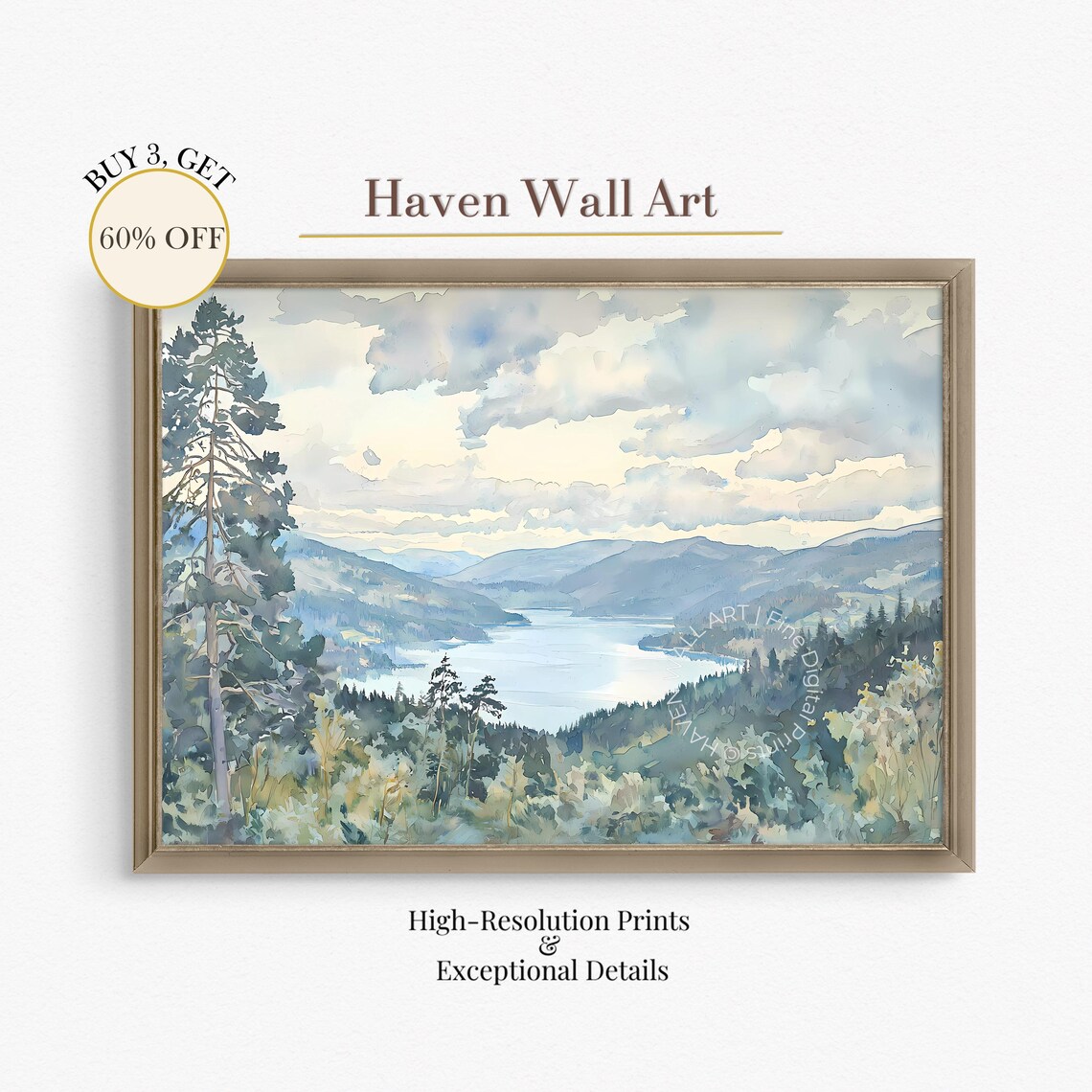 Mountain Lake Pine Forest Watercolor Misty Blue Scenic Wall Art