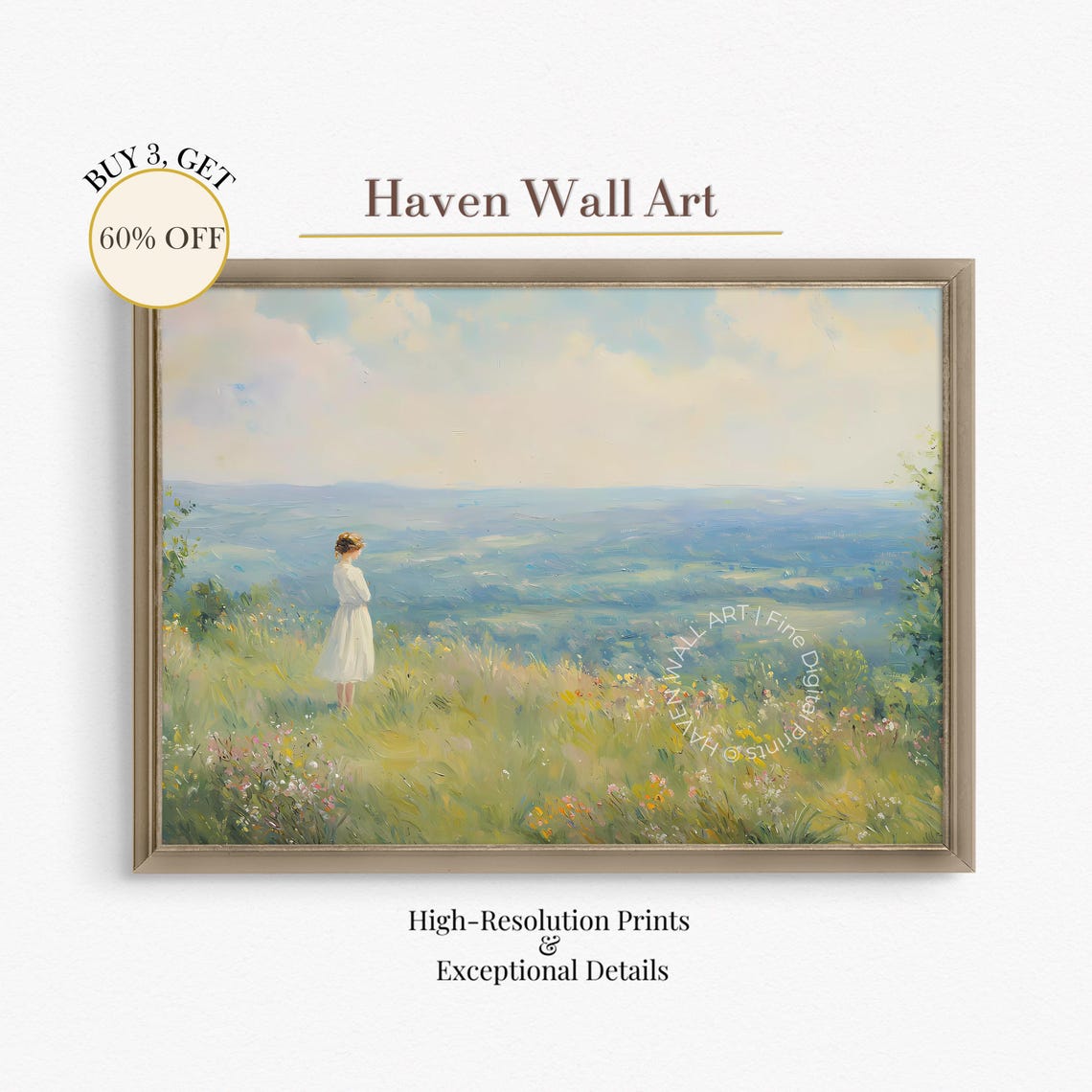 Woman in Flower Meadow Pastoral Countryside Impressionist Art Print