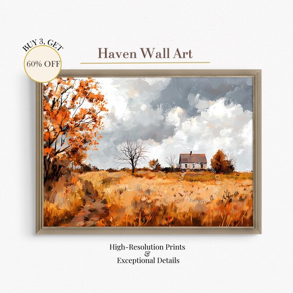 Autumn Farmhouse Landscape Painting Golden Field Countryside Poster