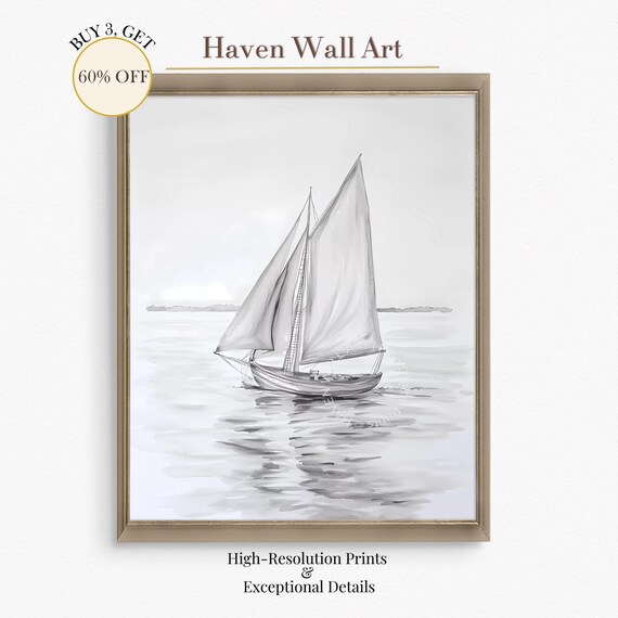 Black White Sailboat Coastal Nautical Watercolor Sketch Print