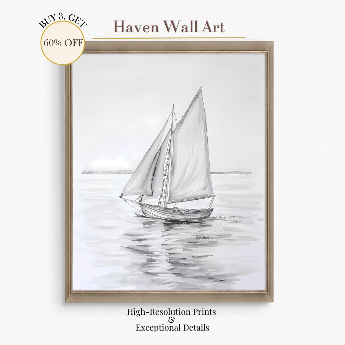 Black White Sailboat Coastal Nautical Watercolor Sketch Print