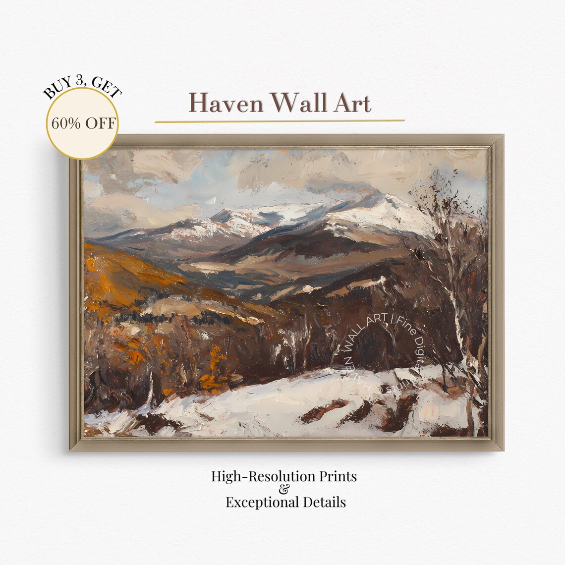 Snowy Mountain Peaks Autumn Hillside Oil Painting Landscape Poster