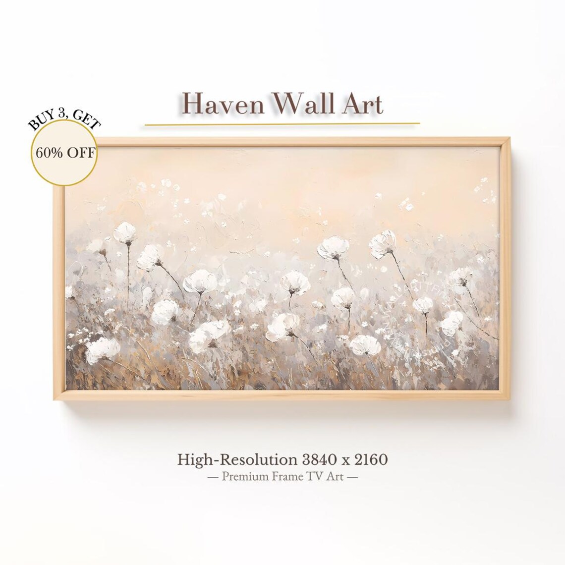 White Poppies in Misty Beige Field Minimalist Oil Painting Poster