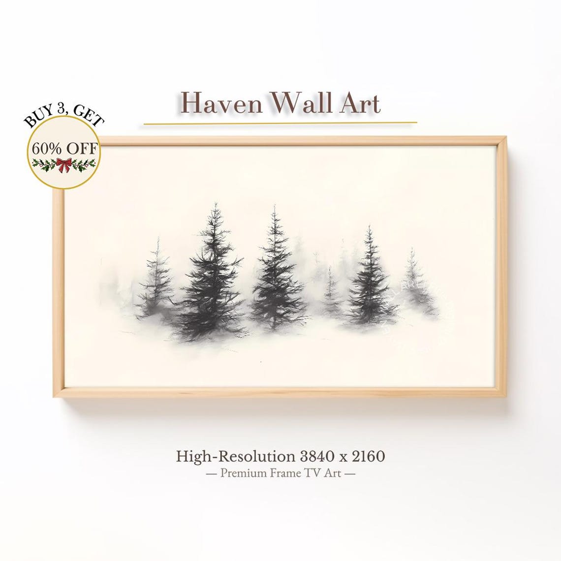 Misty Pine Forest Charcoal Sketch Frame TV Minimalist Wall Art