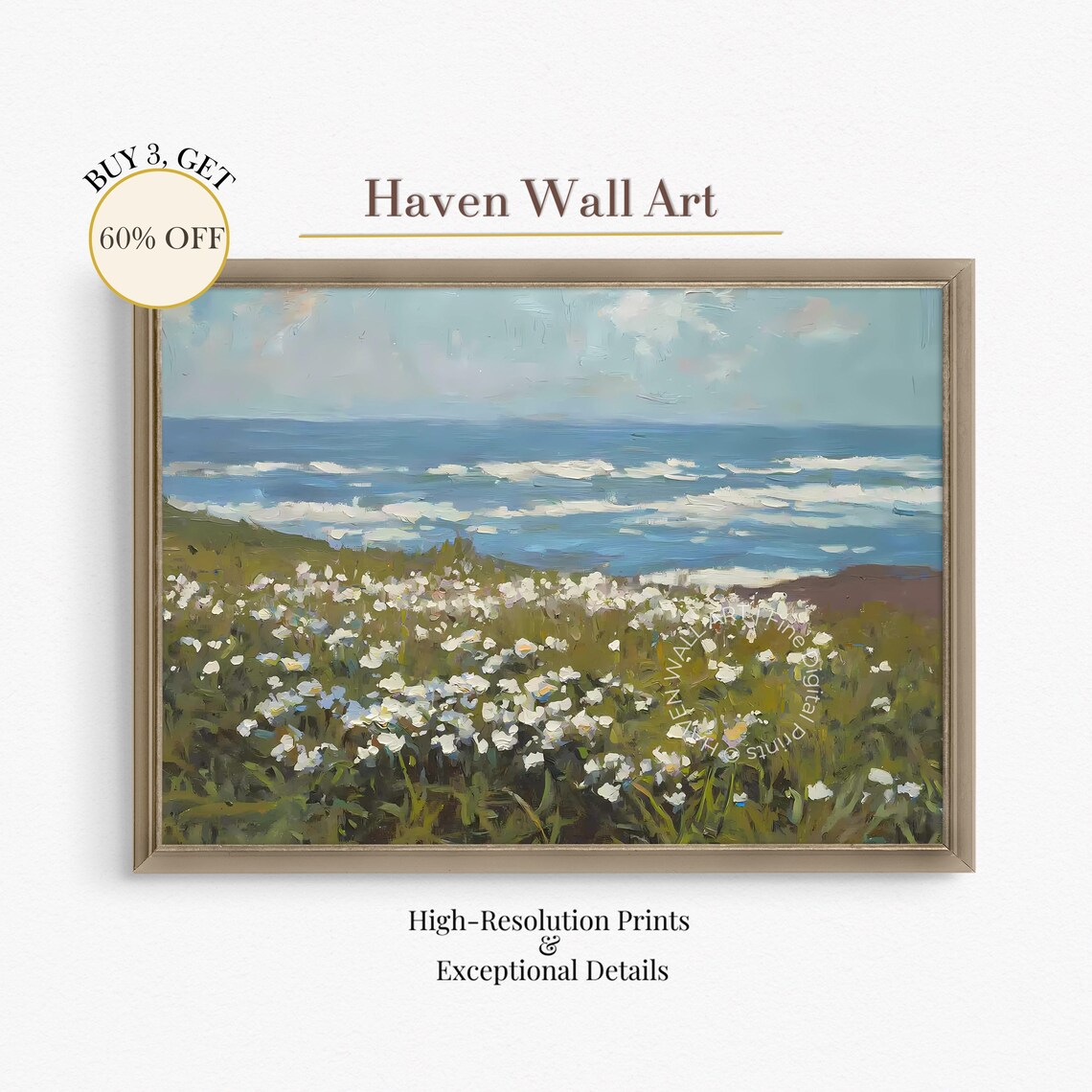 Coastal Wildflower Meadow Above Ocean Summer Seascape Wall Art