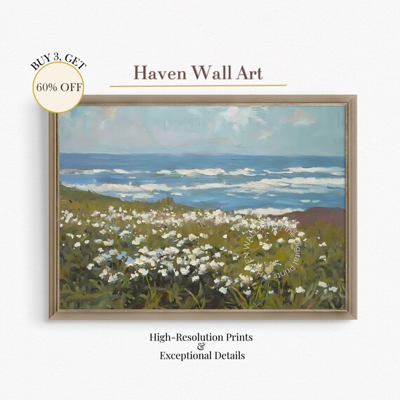 Coastal Wildflower Meadow Above Ocean Summer Seascape Wall Art