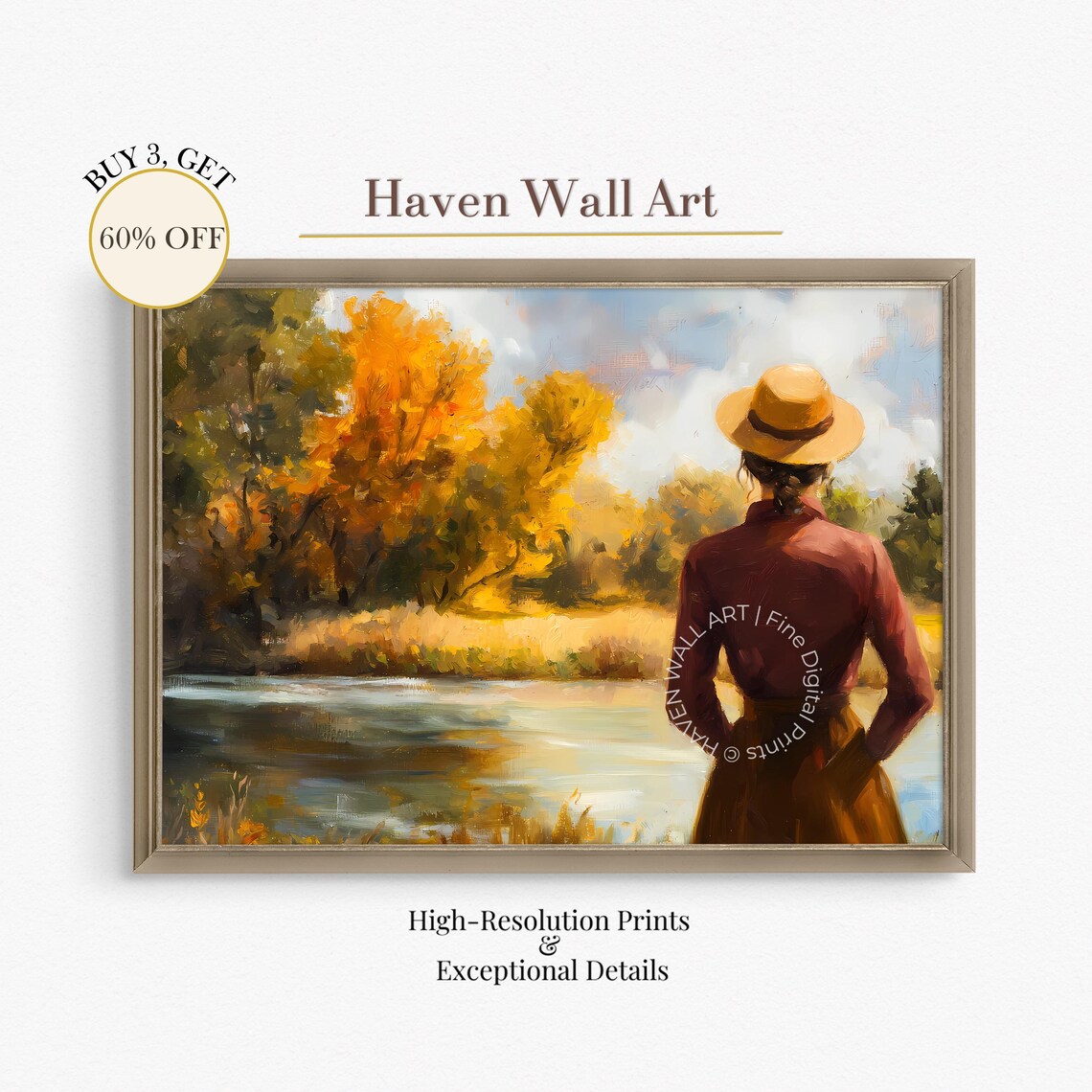 Autumn Riverside Walk Painting Woman in Straw Hat by River Poster