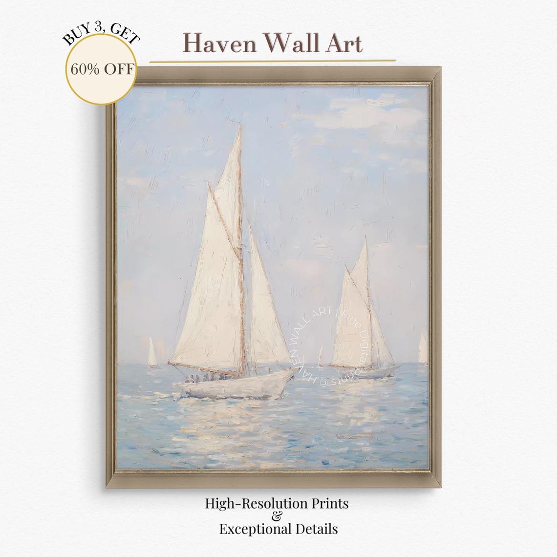 Impressionist Sailboat Regatta on Soft Blue Water Coastal Print