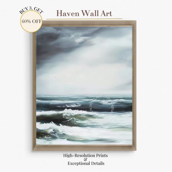 Stormy Sea Waves Dramatic Coastal Wall Art Moody Ocean Seascape Print Pub054