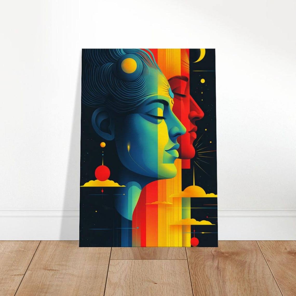 Celestial Duo Sun Moon Faces Colorful Cosmic Painting Poster