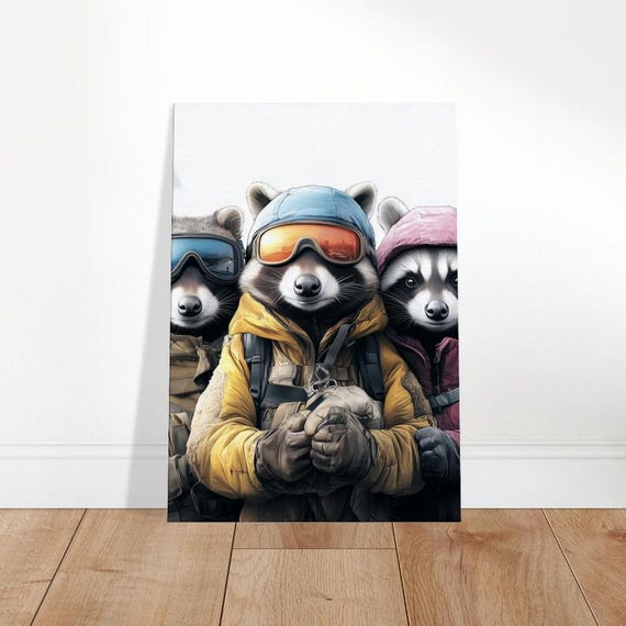 Raccoon Ski Team Canvas Print Quirky Winter Animal Art