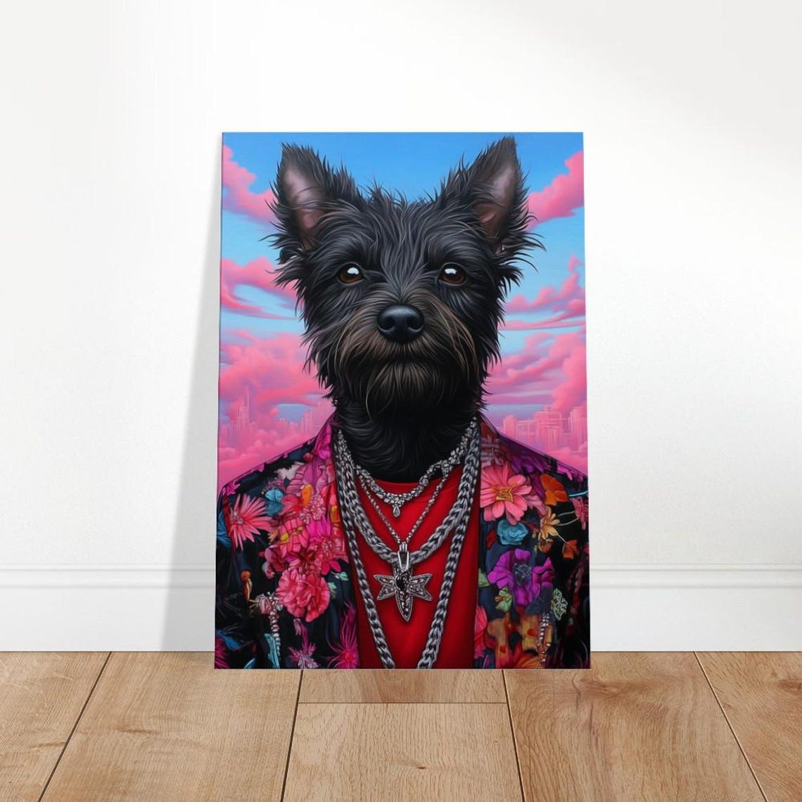 Dapper Black Terrier Floral Suit Gold Chains Dog Portrait Poster