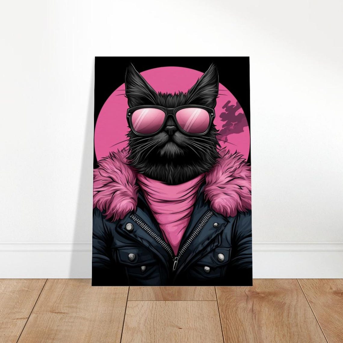 Chic Cool Black Cat Pink Sunglasses Leather Jacket Animal Poster