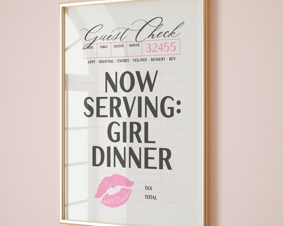 Girl Dinner College Apartment Print Funny Kitchen Prints Guest Check Poster Pink Bar Cart Decor Black Cocktail Wall Art Cute Chef Gifts