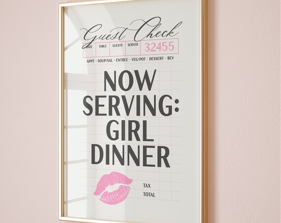 Now Serving Girl Dinner Guest Check Pink Lipstick Kiss Poster