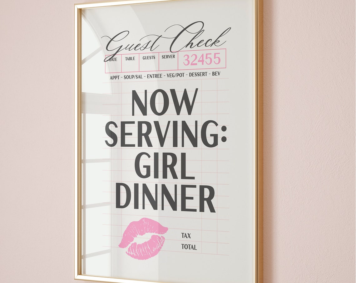 Now Serving Girl Dinner Guest Check Pink Lipstick Kiss Poster
