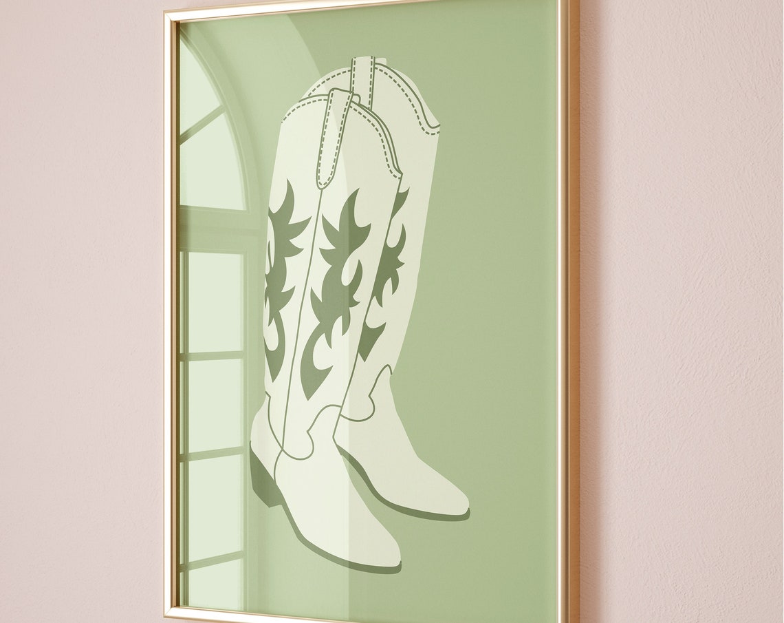 Western Cowgirl Boots Line Art Sage Green Dorm Room Poster Art