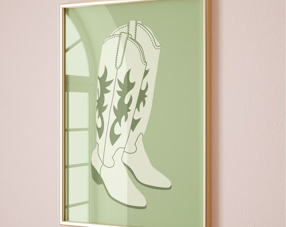 Western Cowgirl Boots Line Art Sage Green Dorm Room Poster Art